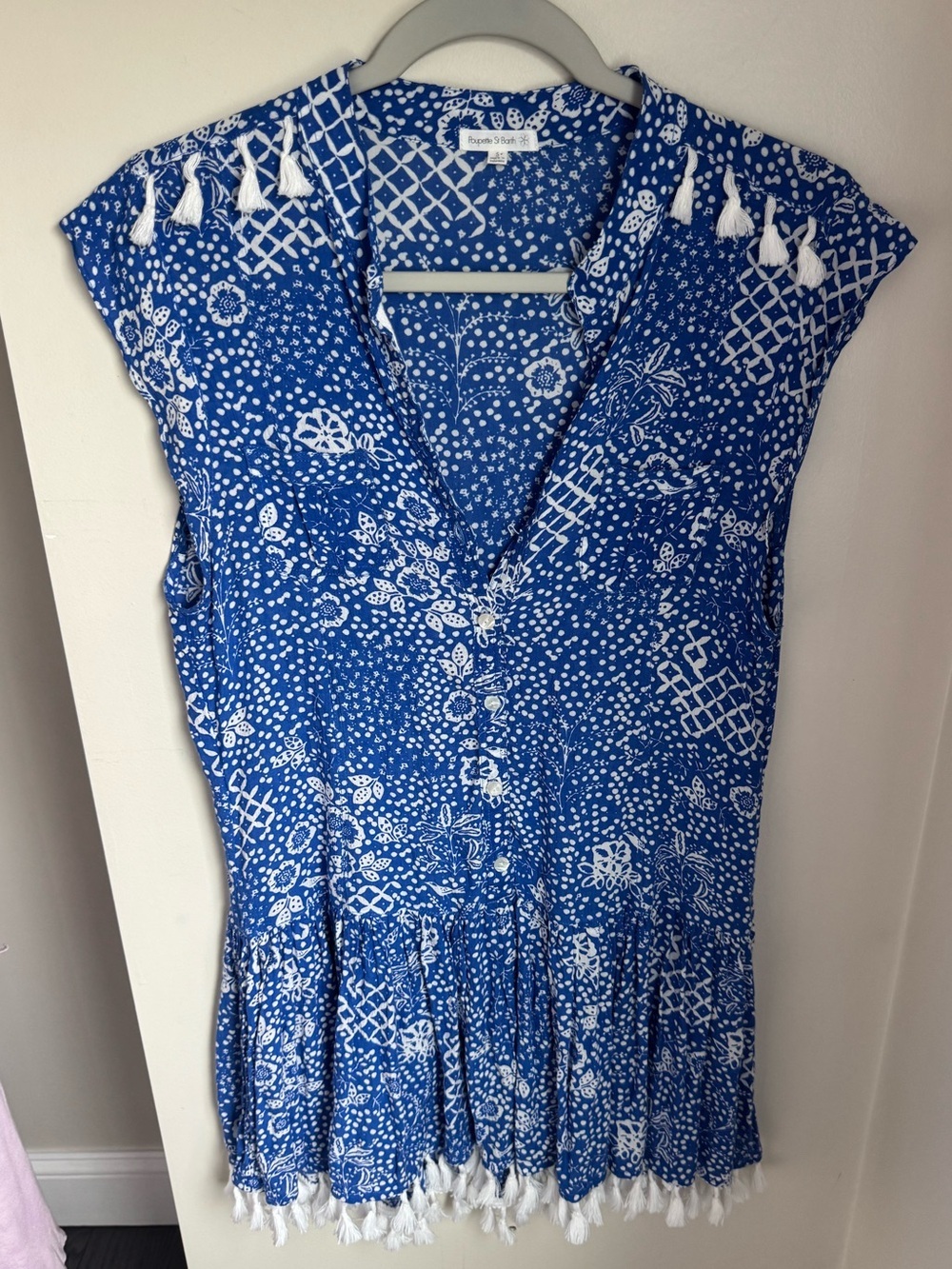 Poupette St. Barth Heni Fringe Tank Dress Blue White Floral Size Small